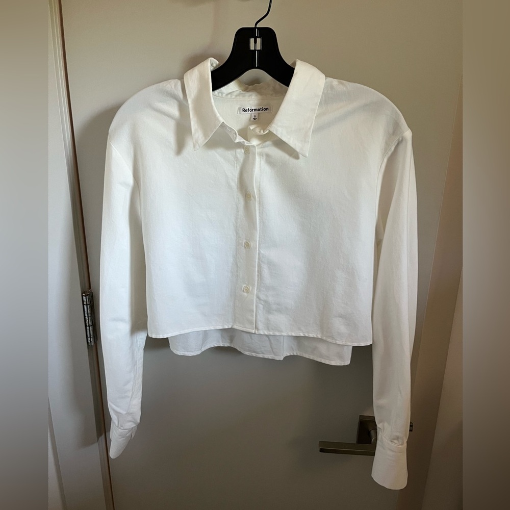 Reformation White Cropped Button-Down Shirt